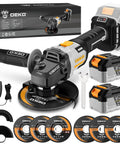 Badass 4 5 Inch Cordless Angle Grinder With 20V Brushless Motor And Dual Batteries Plus Charger, includes cutting discs and charger.