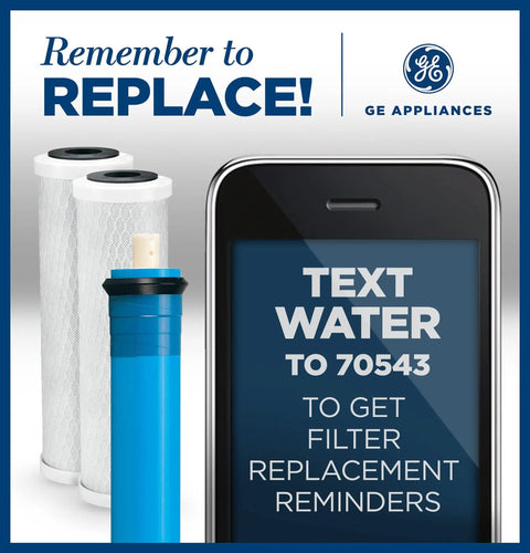 Under Sink Water Filter Replacement For Reverse Osmosis, NSF Certified, 2 Filter Set, phone showing text reminder for filter replacement.