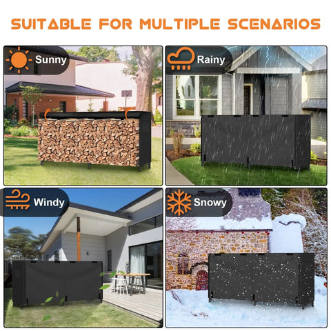 Heavy Duty Outdoor Firewood Rack With Weatherproof Cover Iron Wood Storage Rack For Backyard Or Patio Eight Foot Long Firewood Holder With Waterproof 600D Oxford Fabric Cover And Rust Resistant Finish, shown in various weather conditions.