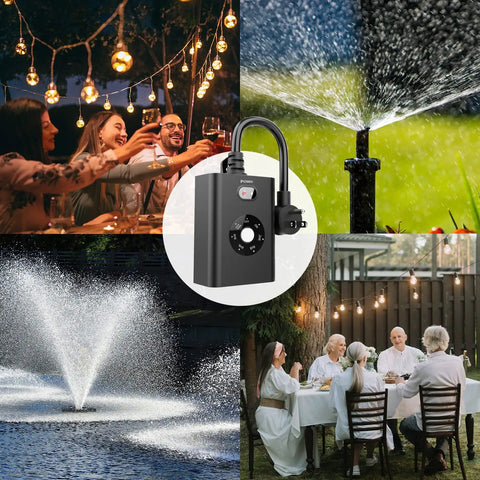 Weatherproof Outdoor Sensor Timer With Dual Grounded Outlets Delivers Zero Fuss Dusk To Dawn Light Control and Seven Quick Countdown Modes in outdoor setting with lighting and water features.