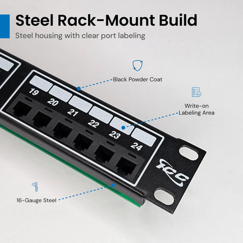 Beefy 24 Port Voice Patch Panel For Business Phone Systems Featuring 6P2C Male Jacks And A Rock Solid 1U Rackmount Build showing labeled ports in black steel.