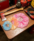 Universal Fire Alarm Covers 96 Pack Elastic Smoke Detector Caps in assorted colors on a workbench with tools.