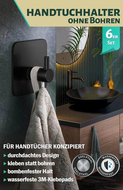 Top Shelf Black Self Adhesive Towel Hooks 6 Pack Stainless Steel Bathroom Wall Mount, holding towel in modern bathroom.