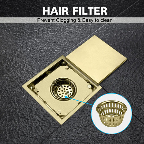 Top Shelf Four Inch Square Shower Drain With Flange Removable Grate Brushed Gold Stainless Steel Hair Catcher Rapid Water Flow Bathroom Glow Up Smooth Sailing close-up of hair filter and removable grate.