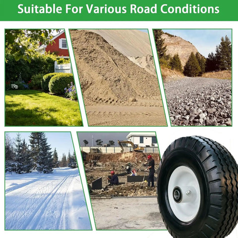 10 Inch Solid Tire And Wheel 4.10/3.50-4 Puncture Proof Cart Wheels 2 Pack shown on various terrain types for heavy-duty use.