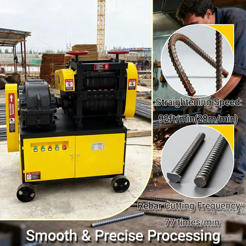 Heavy Duty Rebar Straightening And Cutting Machine 6 To 14mm Scrap Rebar Straightener on construction site with rebar details.