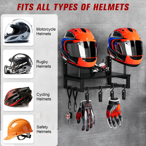 Badass Solid Wood Motorcycle Helmet Holder Wall Mounted With Four Glove Clips And Four Heavy Duty Hooks displaying various helmets.
