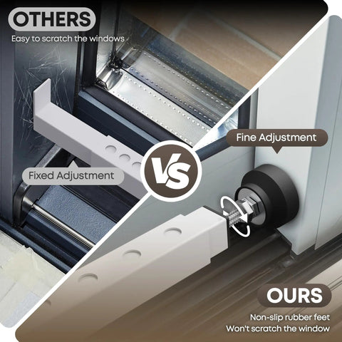 Adjustable Inside Window Security Bar For Horizontal And Vertical Sliding Windows Extends 11 To 18 Inches White Finish Easy Install In Window Lock Bar That Keeps Sliding Windows Secure While Allowing Air Flow, showing comparison of fixed vs. adjustable rubber feet.