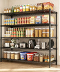 Heavy Duty 5 Tier Wire Shelving Rack With Massive Load Rating For Garage Pantry Kitchen Organization And Commercial Display That Is Legit Bombproof Setup For Your Home Office filled with food storage and kitchen appliances.