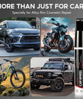 Straight From The Shop Matte Black Rim Repair Kit For Fixing Alloy Wheel Curb Rash With Two Scratch Resistant Touch Up Paint Pens And Gnarly Tool Set For Daily Rides displayed with cars, bike, and paint pen.