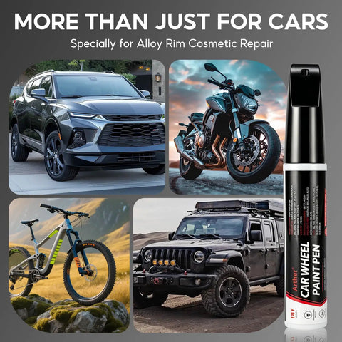 Straight From The Shop Matte Black Rim Repair Kit For Fixing Alloy Wheel Curb Rash With Two Scratch Resistant Touch Up Paint Pens And Gnarly Tool Set For Daily Rides displayed with cars, bike, and paint pen.
