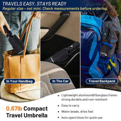 Compact Auto Travel Umbrella With Windproof Aluminum Frame Eight Fiberglass Ribs Inverted Flip Design UV Sun Protection Waterproof Lightweight Yet Durable For Men And Women Ideal For Travel And Everyday Use shown in handbag, car, and backpack.