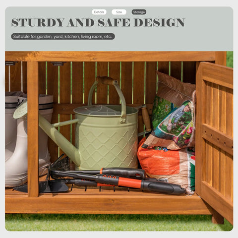 Open Weatherproof Acacia Wood Outdoor Storage Cabinet With Two Magnetic Doors And Three Level Storage showing tools inside