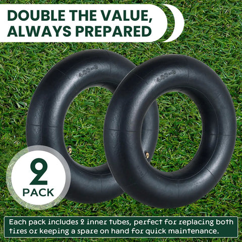Two Pack 4.80/4.00-8 Inner Tubes With TR87 Angled Valve Stem on grass background