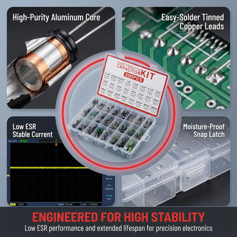 Top Shelf Aluminum Electrolytic Capacitor Assortment Kit 0.1Uf To 1000Uf Featuring 10V 16V 25V 50V Options in moisture-proof storage case.