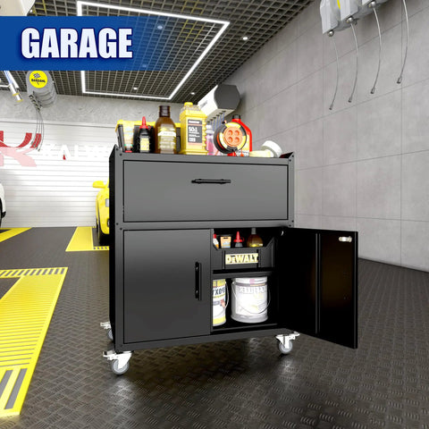 Heavy Duty 35 Inch Tool Storage Cabinet With Slick Rolling Lockable Casters And No Fuss Adjustable Shelving For Garage Workshop Gear Caddy Organization Matte Black in a garage setting.