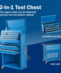 Blue 8 Drawer Rolling Tool Chest Hella Tough Shop Ready Design Detachable Top Bin With Cushioned Drawer Trays And Nifty Side Hooks For Hardworking Practical Pros in 2-in-1 display with movable parts.