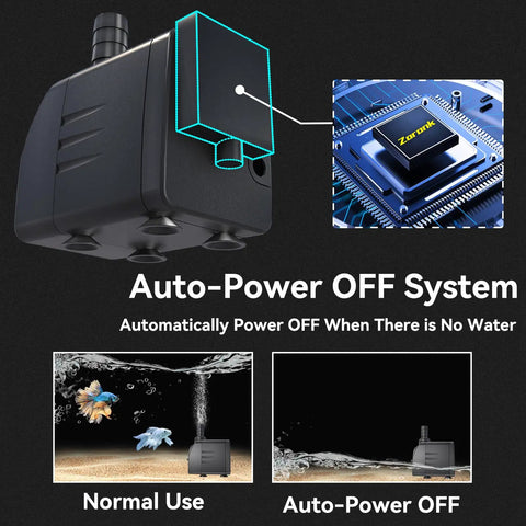 Ultra Quiet Submersible Pond Pump With Auto Shut Off For DIYers And Pros, 400 GPH (1500 L/H), 25W, shown with auto-power off feature