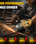 High-performance Tool Belt Essential Brushless Cordless Angle Grinder Runs A Slick 9000 Rpm with sparks on metal.
