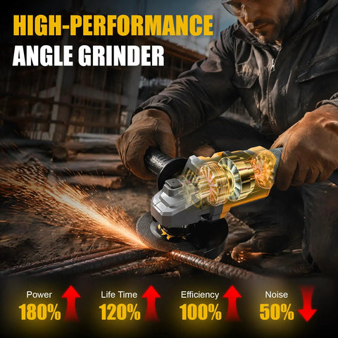 High-performance Tool Belt Essential Brushless Cordless Angle Grinder Runs A Slick 9000 Rpm with sparks on metal.