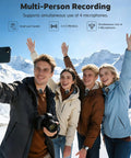 Group of four people using Kickass Four Pack Wireless Lavalier Microphone Kit For Iphone Android And Cameras Podcasting Live Streaming Vlogging.
