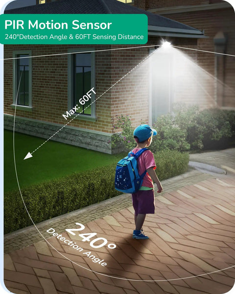 240 Degree Outdoor Motion Sensor With 60ft Detection Range, 3 Mode PIR Detector in action, illuminating a yard at night, UL Listed