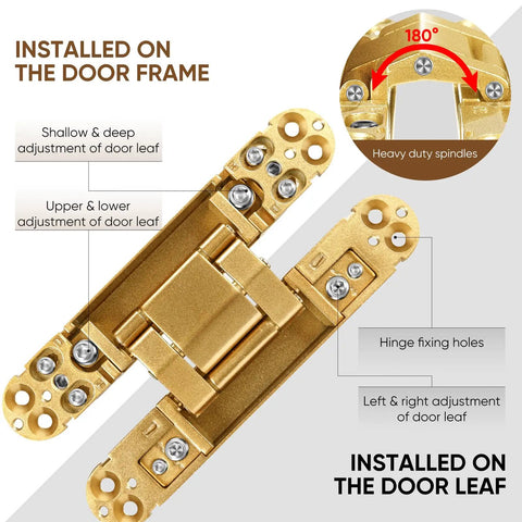 Heavy Duty Six Inch Hidden Door Hinges Two Pack Three Way Adjustable Invisible Concealed Hardware With Sleek Gold Finish detailed view
