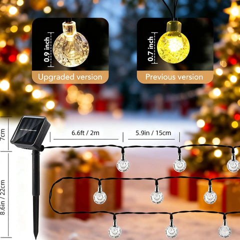 Solar String Lights Outdoor IP65 Waterproof 9.3 Feet With 20 Crystal Globe Bulbs Warm White shown with size comparisons