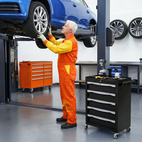 Heavy Duty Rolling Tool Chest With Locking Drawers And Ironclad Keyed Security, Top Shelf Metal Tool Storage Cart For Garage And Workshop with tools in a workshop.