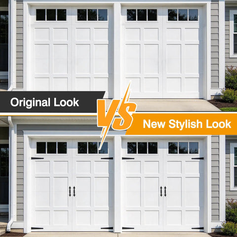 Side by side comparison of a garage door before and after installing Beefy Garage Door Decor Hardware, Black Carriage Faux Hinges and Handles.