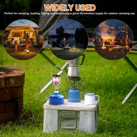 Go To Portable Camping Lantern With Adjustable Brightness And Warm Glow on grass beside camp stove and cup