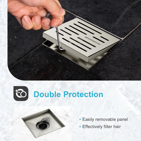 Person removing the panel from a 6 Inch Square Shower Drain With Brushed Nickel Surface Premium 304 Stainless Steel Build Features Smart Hair Catcher Delivering Hella Fast Drainage And Rock Solid Performance For Daily Bathroom Use.