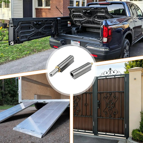 5 Pack Of 6 Inch Heavy Duty Weldable Bullet Barrel Hinges with Grease Fittings showcased on a truck tailgate, ramp, and gate.
