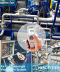 Risepro digital manometer handheld air-pressure meter in HVAC plant; white body, red button, display reads 19.19.