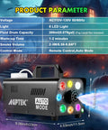 Pro Level Fog Machine, 500 Watt Output with RGB lights, showing smoke effect and control modes for DJ performances.