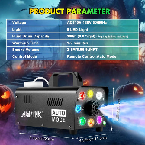 Pro Level Fog Machine, 500 Watt Output with RGB lights, showing smoke effect and control modes for DJ performances.