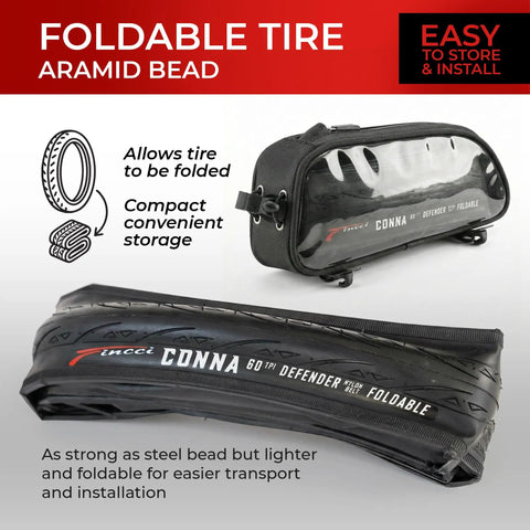Foldable 700x23c Road Bike Tire with Aramid Bead and Storage Case, featuring puncture resistant slick tread and easy installation.