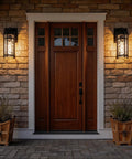 Built Tough Modern Outdoor Wall Sconce With Heavy Duty Matte Black Steel Frame And Water Ripple Glass Shade E26 Socket Compatible for illuminating door entrance.