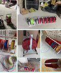 Collapsible Wire Spool Rack Cable Caddy with stainless steel frame holding multiple reels in a garage setting