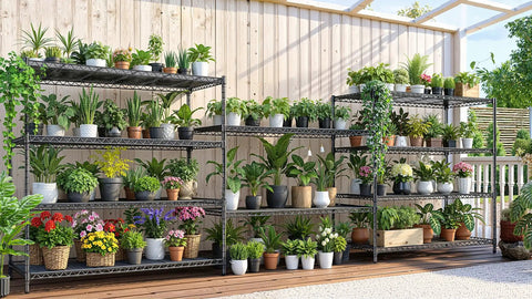 Badass Heavy Duty Five Tier Wire Shelving With Smooth Rollin Caster Wheels And Adjustable Steel Storage Rack For Garages Workshops And Commercial Spaces Providing Top Shelf Organization filled with potted plants.
