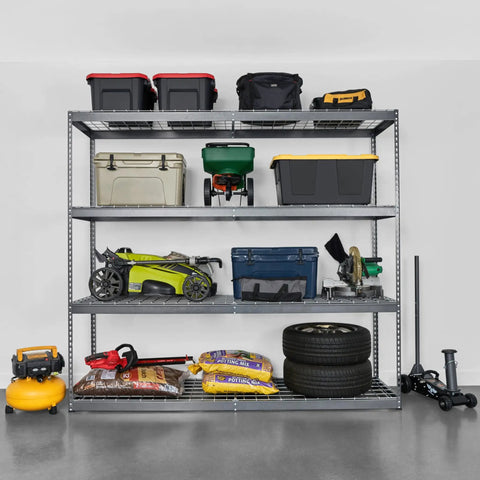 Boss Level Steel Garage Shelving Rack Featuring Four Adjustable Shelves Crushing Five Hundred Pounds Each in use with tools and storage bins.