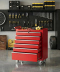 Heavy Duty Red Rolling Tool Chest On Wheels Locking Four Drawer Setup Full Extension Ball Bearing Drawers Cold Rolled Steel Shop Beast Pro Grade Corrosion Resistant in garage with tools.