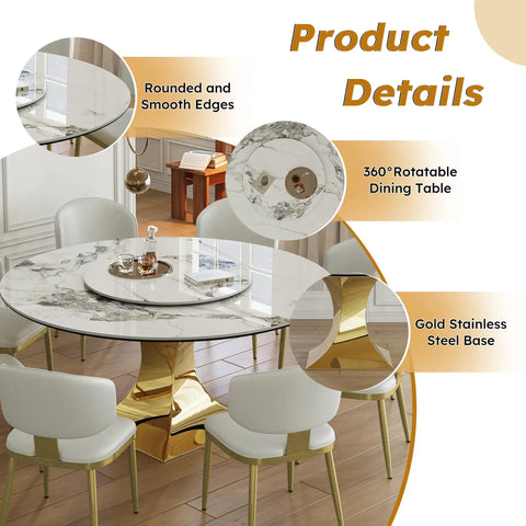 Top Tier 59 Inch Round Sintered Stone Dining Table With Faux Marble Top Easy Spin Lazy Susan features rounded edges and gold stainless steel base.