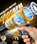 Hand holding a brushless motor blower displaying 85000 RPM, highlighting wind speed and pressure features.