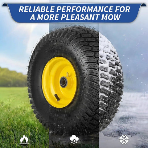 Smooth Operator 15x6.00-6 Lawnmower Front Tire And Wheel Set for Riding Mower, black rubber tire with yellow hub, versatile for all weather.