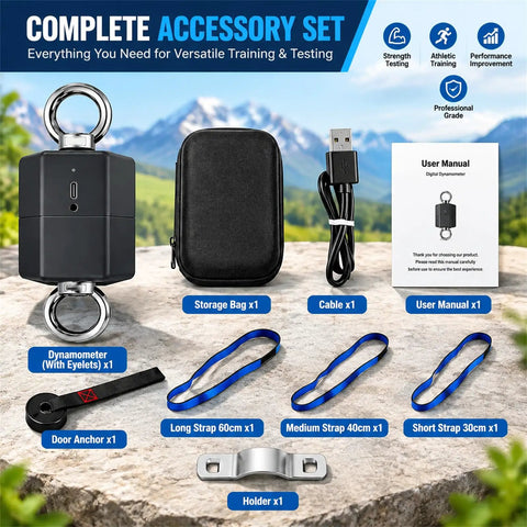 Complete accessory set for Top Shelf 500kg Isometric Strength Tester includes dynamometer, straps, storage bag, and user manual.