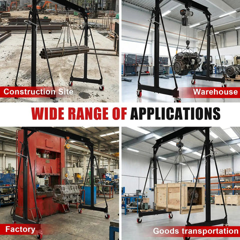 Bulletproof 3 Ton Gantry Crane Featuring Adjustable Height Reinforced Triangular Base Portable Alloy Steel used in various applications.