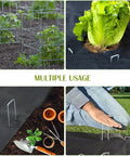 75 Pack 4 Inch Galvanized Landscape Staples U Shaped Garden Stakes securing fabric around lettuce, tools, and garden areas.