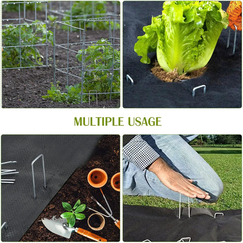 75 Pack 4 Inch Galvanized Landscape Staples U Shaped Garden Stakes securing fabric around lettuce, tools, and garden areas.