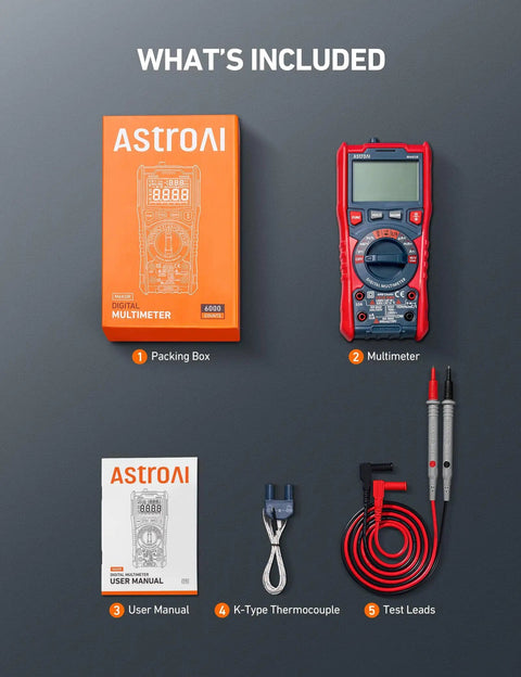 True RMS 6000 Counts Auto Ranging Digital Multimeter with packaging, manual, thermocouple, and test leads for pros and DIYers.